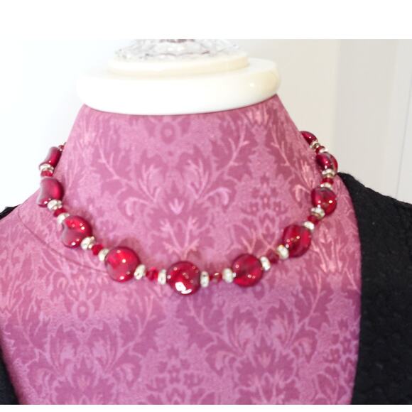 Stunning Ruby Red Necklace Set / Murano Glass/Sterling Silver/ Swarovski Set - Picture 10 of 10